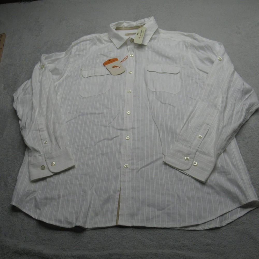 Tommy Bahama Shirt Men XL White Striped Button Up Long Sleeve Tropez Linen Blend